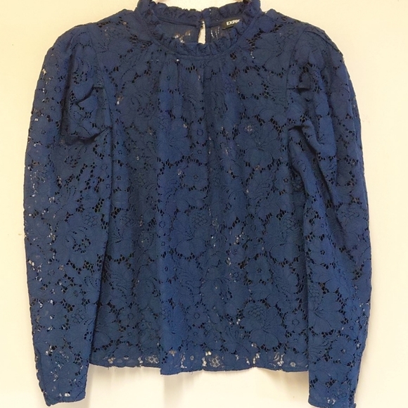 Express Tops - Express Women's Navy Blue Puffed Sleeves Lace Blouse Size S